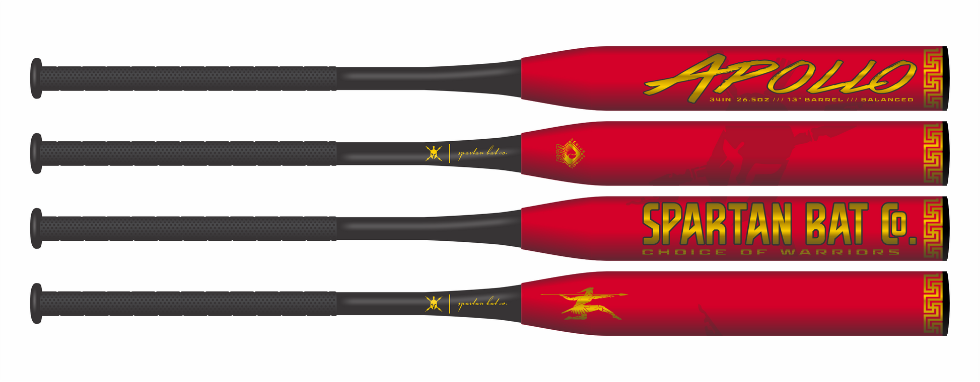 4 views of the Red and gold Apollo 2pc Balanced Senior Softball Bat with Carbon-Tri Weave Shell Technology, 13-inch barrel, SSUSA and NCS approved for senior and men's softball.