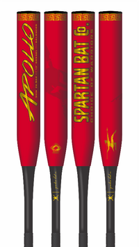 4 views of the Red and gold Apollo 2pc Balanced Senior Softball Bat with Carbon-Tri Weave Shell Technology, 13-inch barrel, SSUSA and NCS approved for senior and men's softball.