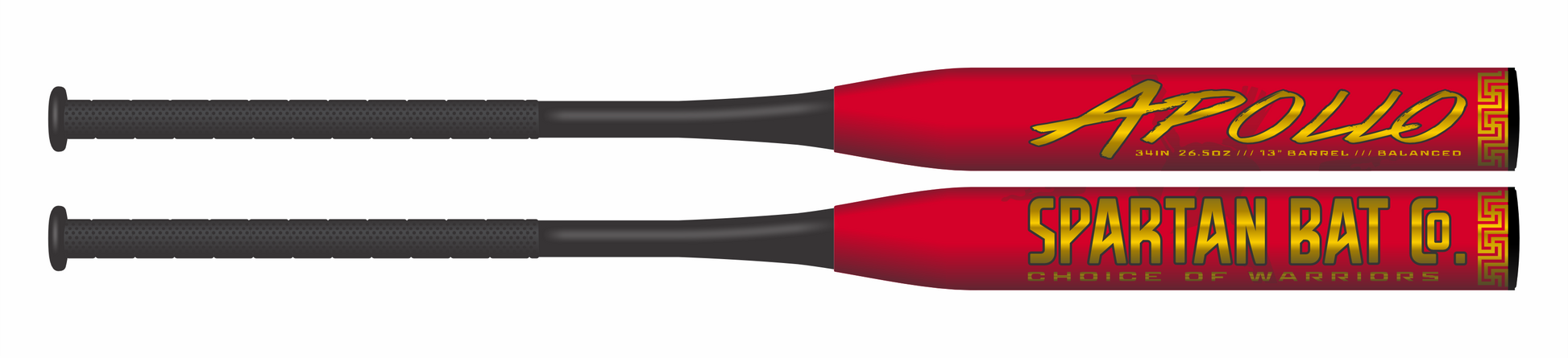 2 views of the Red and gold Apollo 2pc Balanced Senior Softball Bat with Carbon-Tri Weave Shell Technology, 13-inch barrel, SSUSA and NCS approved for senior and men's softball.