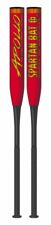 2 views of the Red and gold Apollo 2pc Balanced Senior Softball Bat with Carbon-Tri Weave Shell Technology, 13-inch barrel, SSUSA and NCS approved for senior and men's softball.