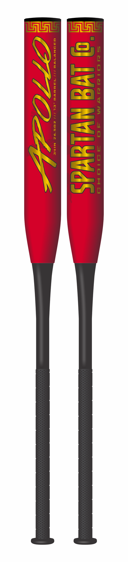 2 views of the Red and gold Apollo 2pc Balanced Senior Softball Bat with Carbon-Tri Weave Shell Technology, 13-inch barrel, SSUSA and NCS approved for senior and men's softball.