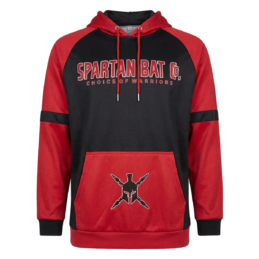 Red and black hoodie with Spartan logo and text on a white background