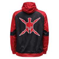 Red and black hoodie with a star design on the back against a white background