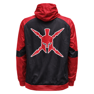 Red and black hoodie with a star design on the back against a white background