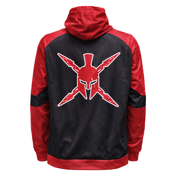 Red and black hoodie with a star design on the back against a white background