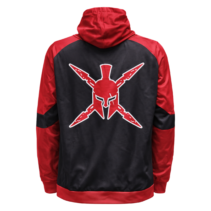 Red and black hoodie with a star design on the back against a white background
