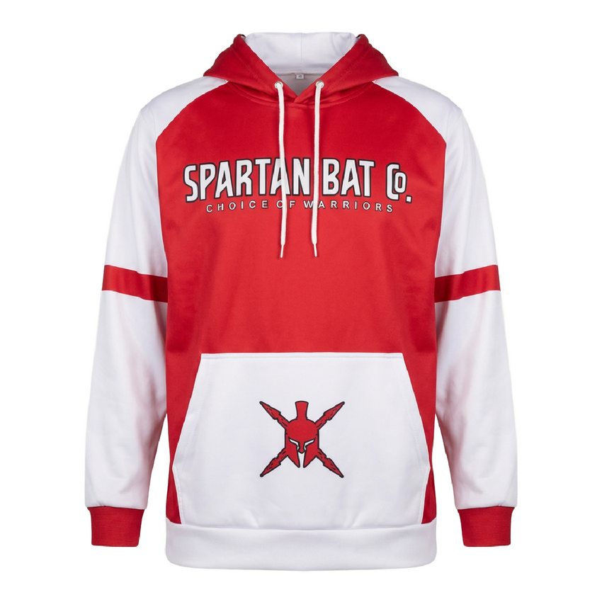 Red and white hoodie with 'Spartan Bat Co.' branding on a white background