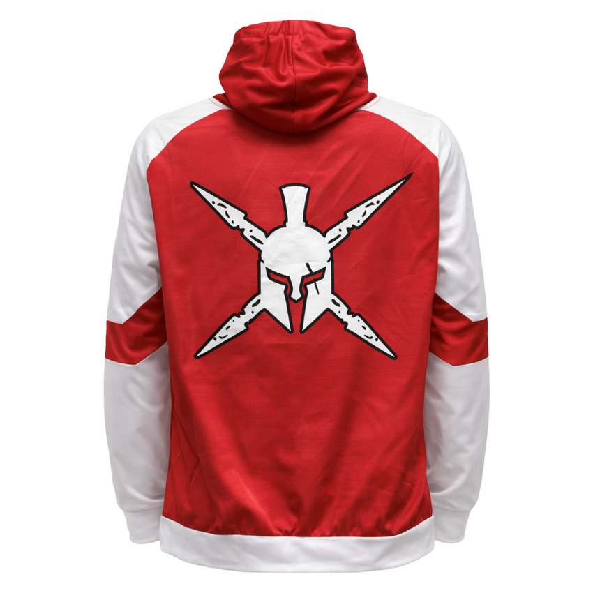 Red and white jacket with a star-shaped logo on the back against a white background