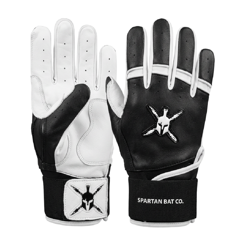 Black and white batting gloves with Spartan Bat Co. logo on a white background