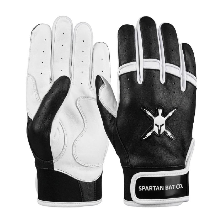 Black and white batting gloves with Spartan Bat Co. logo on a white background