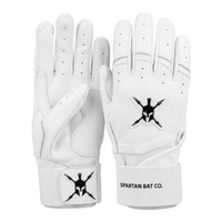 White batting gloves with black logo and text on a white background