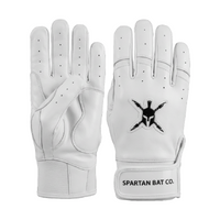 White batting gloves with a black logo on a white background