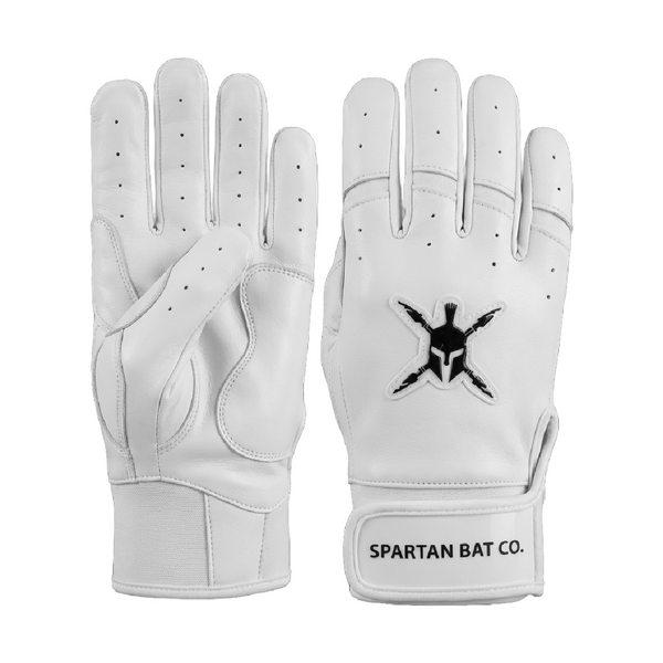 White batting gloves with a black logo on a white background