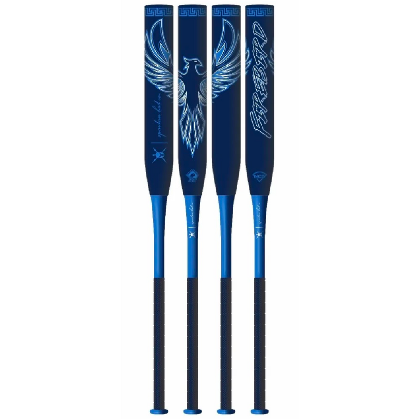 Four blue baseball bats with a logo on a white background