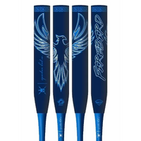 Four blue and black baseball bats with a phoenix design on a white background