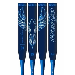 Four blue and black baseball bats with a phoenix design on a white background