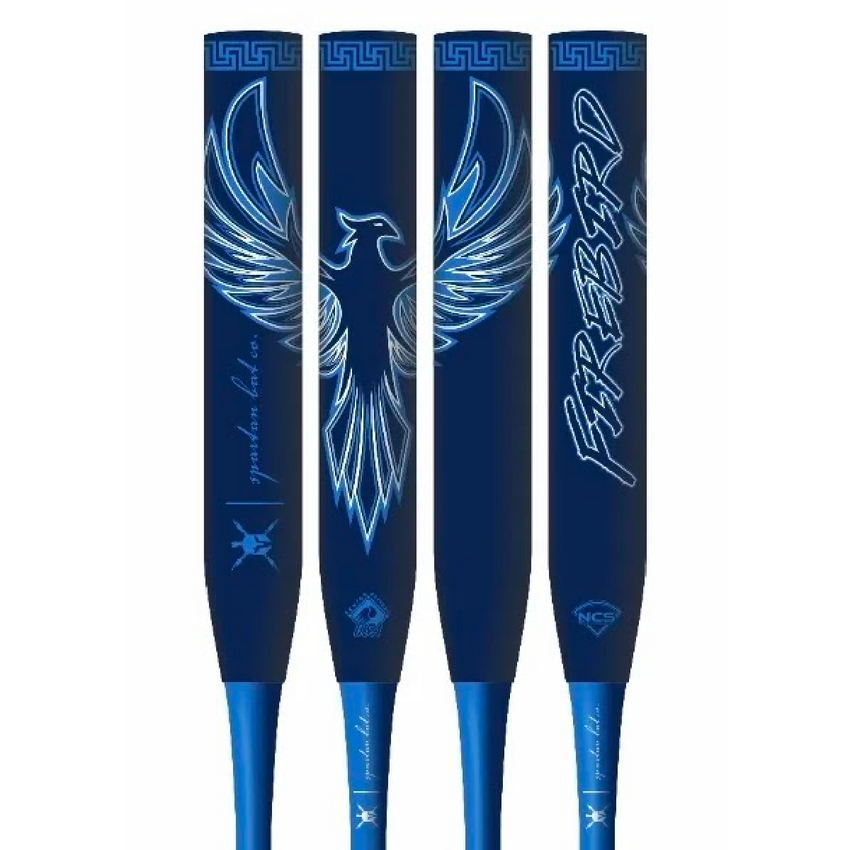 Four blue and black baseball bats with a phoenix design on a white background