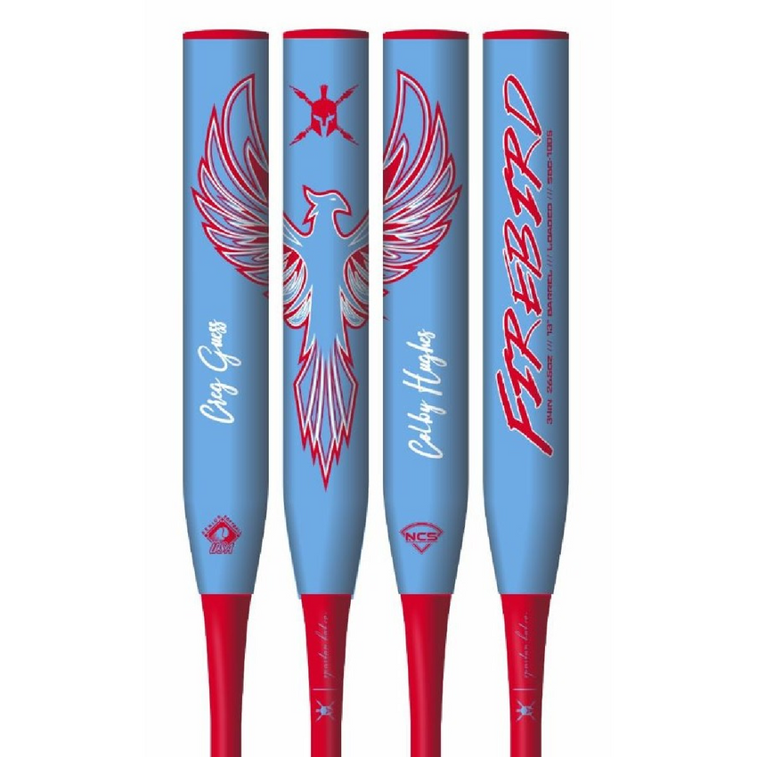 Four blue and red softball bats with winged logo and 'Firebird' branding on a white background