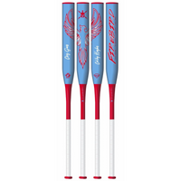 Four softball bats with blue and red design on a white background
