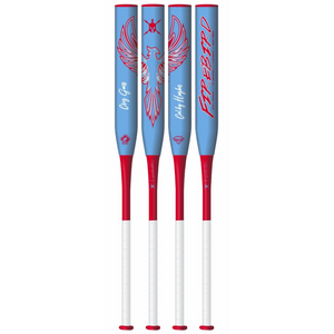 Four softball bats with blue and red design on a white background
