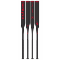 Four black softball bats with red lettering on a white background