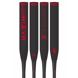 Four black softball bats with red branding on a white background