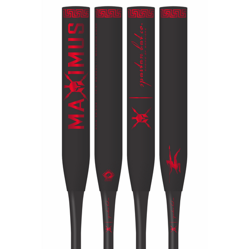 Four black softball bats with red branding on a white background