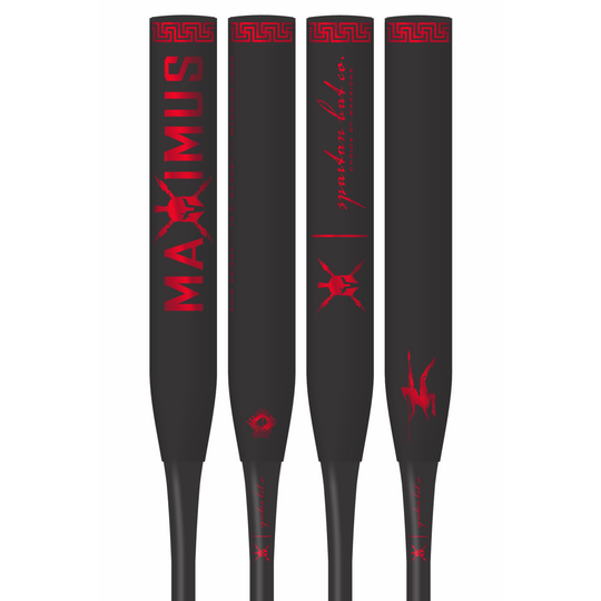 Four black softball bats with red branding on a white background