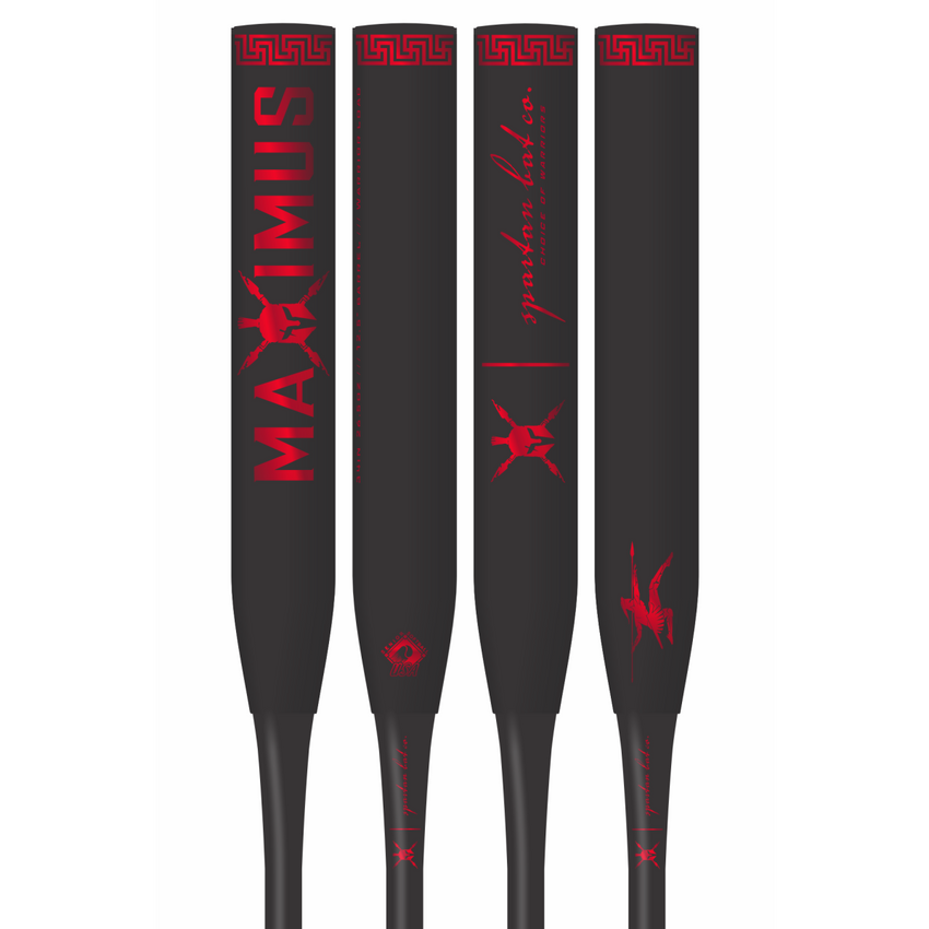 Four black softball bats with red branding on a white background