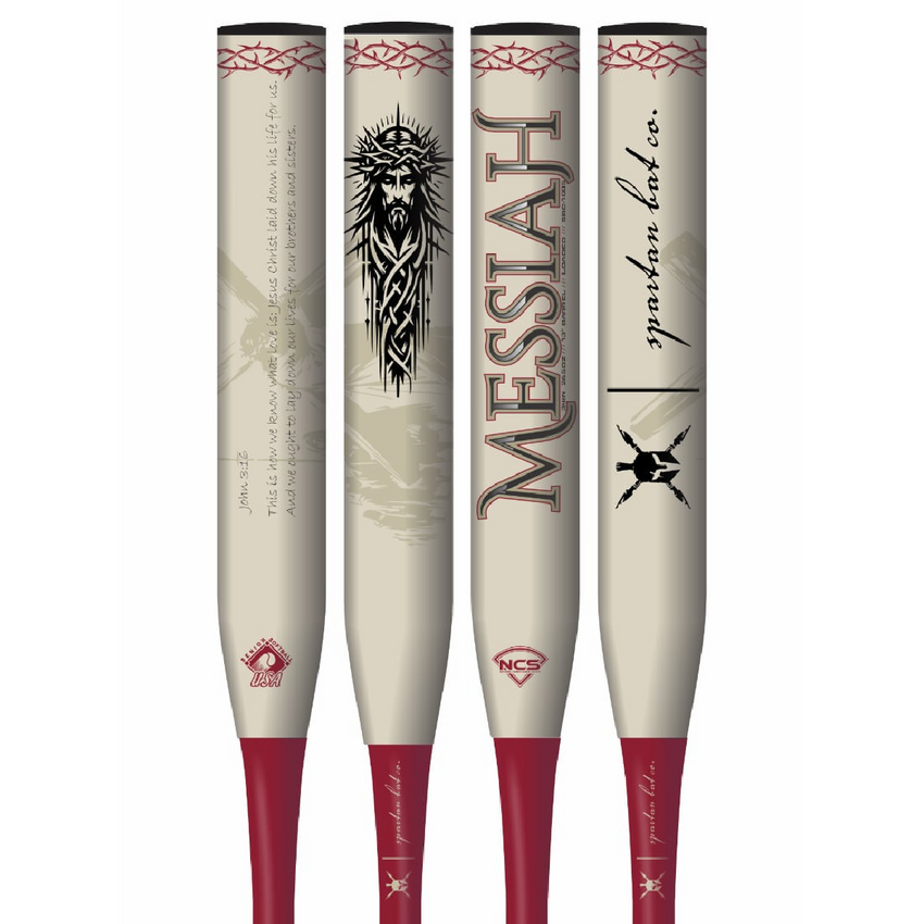 Four softball bats with 'Messiah' branding on a white background