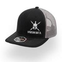 Black and gray trucker hat with Spartan Bat Co logo on a white background