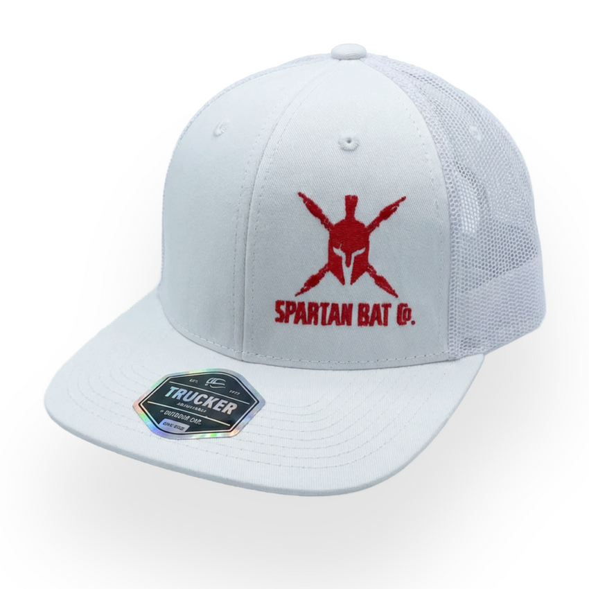 White cap with red Spartan logo and text on a white background