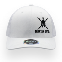 White cap with black logo and text on a white background