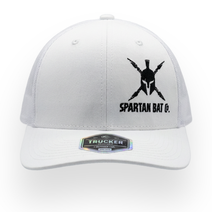 White cap with black logo and text on a white background