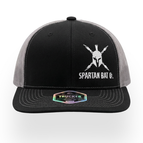 Black and gray cap with Spartan Bat Co logo on a white background