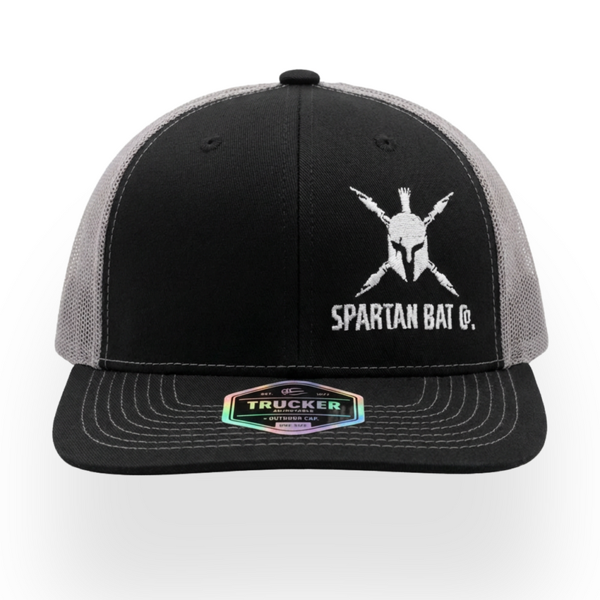 Black and gray cap with Spartan Bat Co logo on a white background