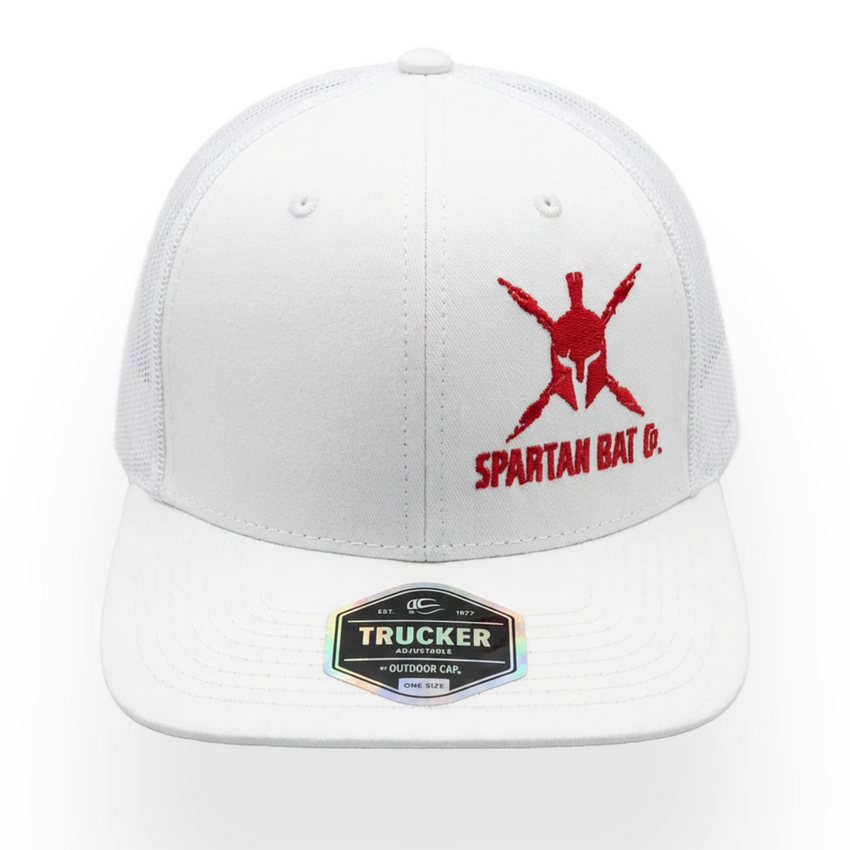 White cap with red Spartan logo on a white background