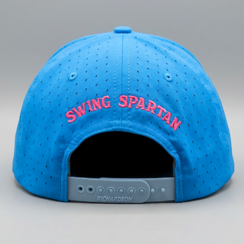Blue cap with 'SWING SPARTAN' text on a gray background