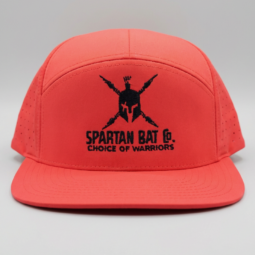 Red cap with black Spartan logo and text on a gray background