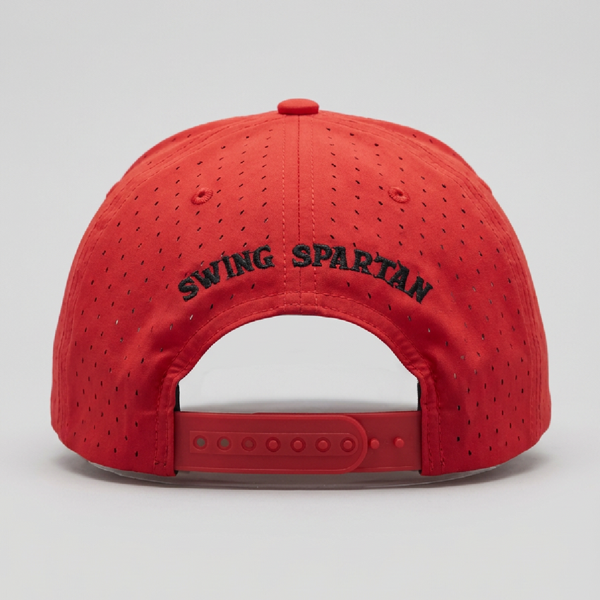 Red cap with 'SWING SPARTAN' text on a gray background