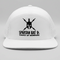 White cap with black Spartan logo and text on a gray background