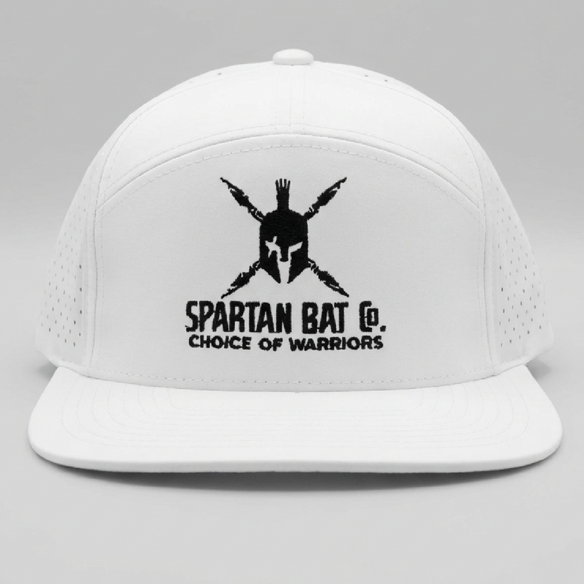White cap with black Spartan logo and text on a gray background
