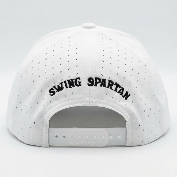 White cap with 'SWING SPARTAN' text on a light gray background