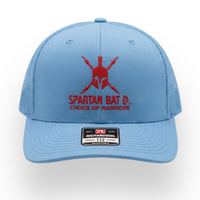 Blue cap with red Spartan logo and text on a white background