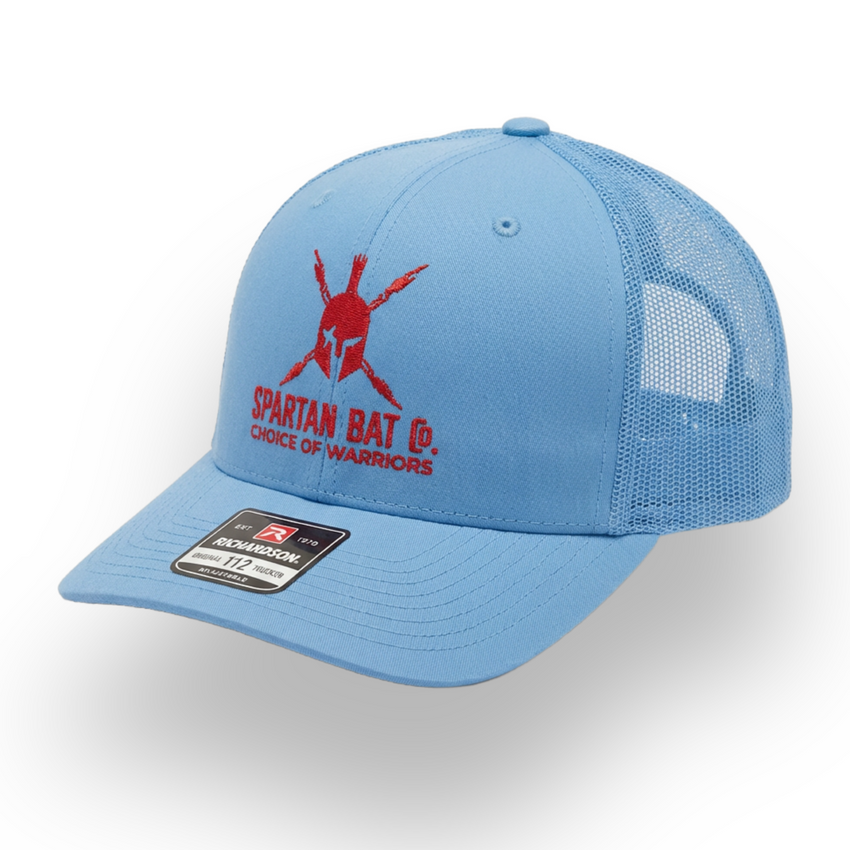 Blue cap with red logo and text on a white background