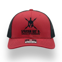 Red and black cap with Spartan logo and text on a white background