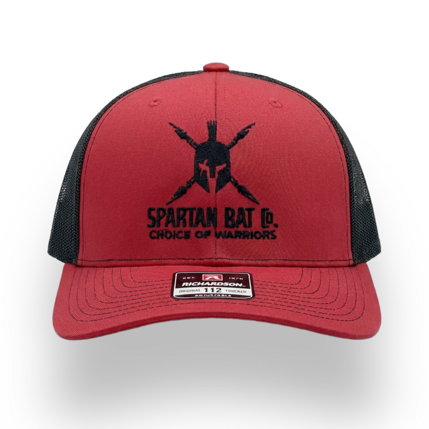 Red and black cap with Spartan logo and text on a white background