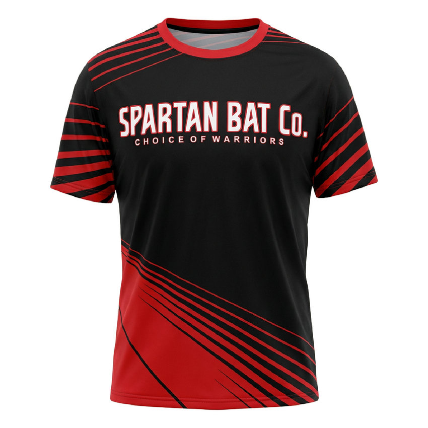 Black and red sports jersey with 'Spartan Bat Co.' text on a white background