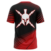Black and red sports jersey with a white Spartan helmet design on a white background