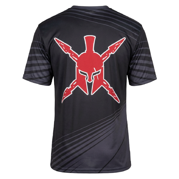 Black t-shirt with red Spartan helmet logo on the back against a white background